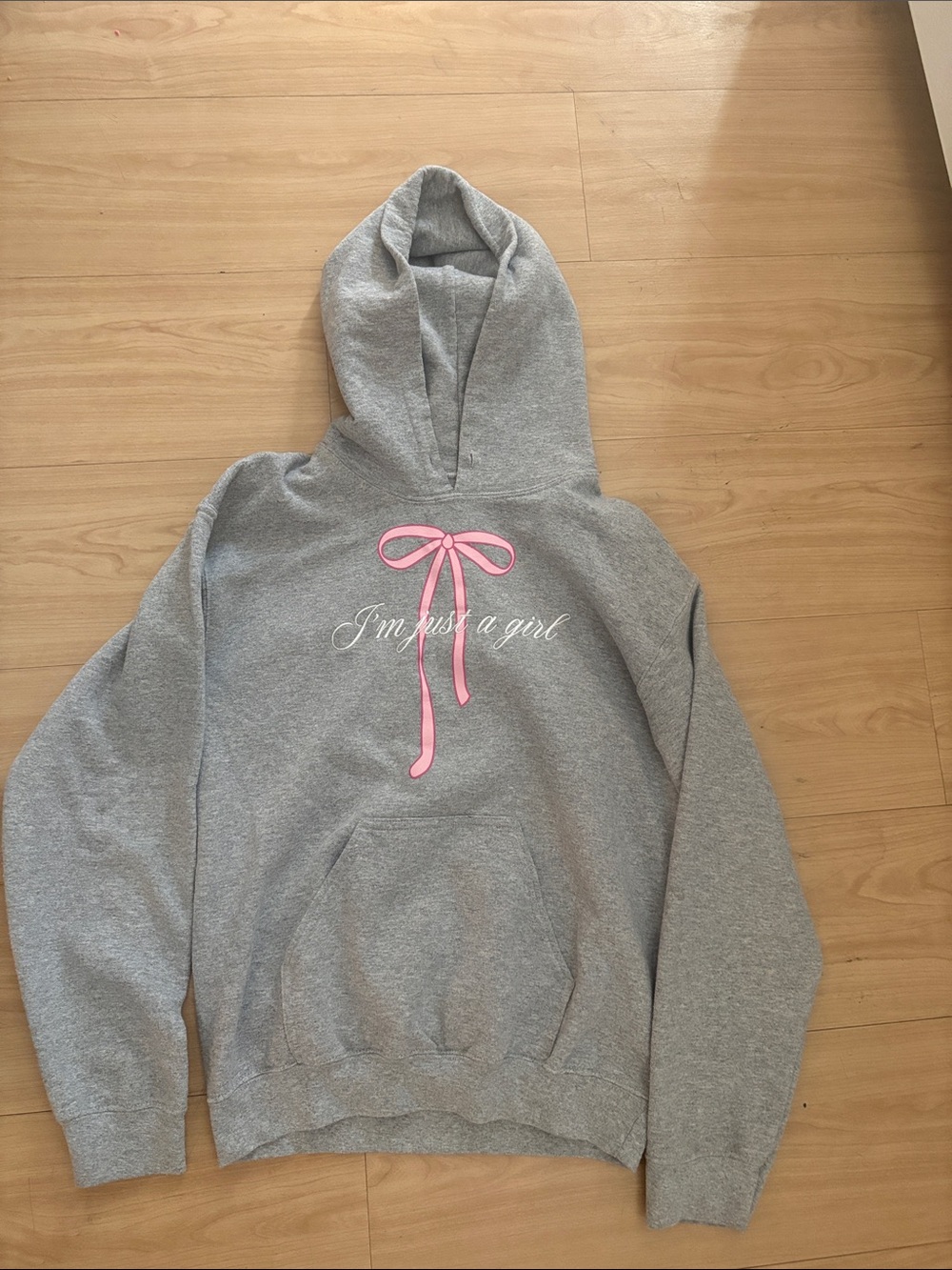 Gray Hoodie Sweatshirt with Pink Bow Graphic - Women's Sweater